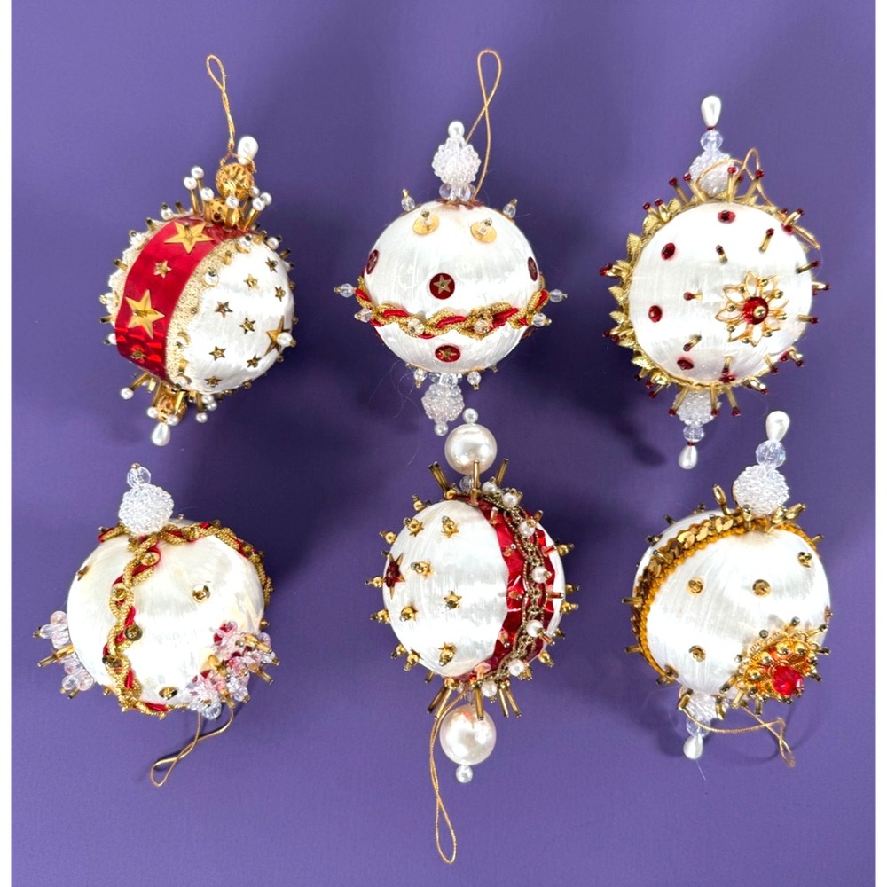 Beaded Push Pin MCM Satin Sequin Ornament Set Made in Korea 3"-5"